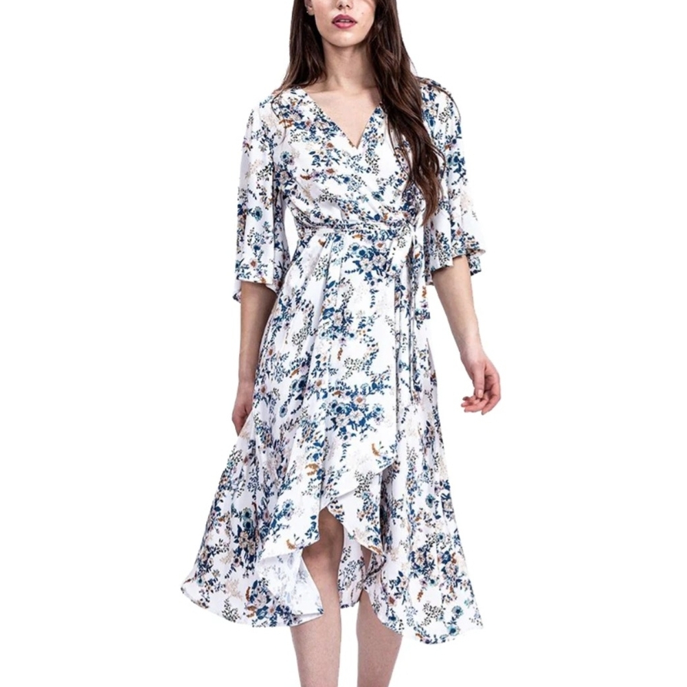 NWT Liquorish High-Low Floral Dress in Blue and White Size 10 Cottagecore Boho